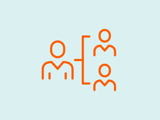 An orange vector design of 3 people connected by lines with a blue background.