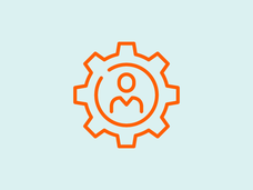 An orange vector design of a person within a gear with a blue background.