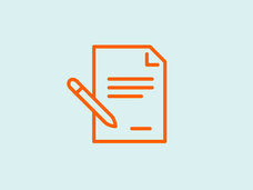 An orange vector design of a piece of paper with a pencil with a blue background.