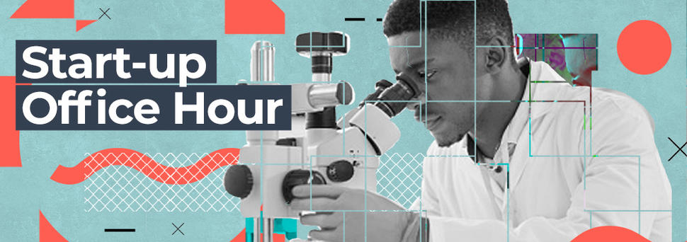 African American man looking into a microscope. Text on image reads Start-up Office Hour