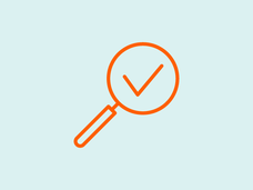 An orange vector design of a magnifying glass on a checkmark with a blue background. 