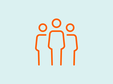 An orange vector design of 3 people standing with a blue background.