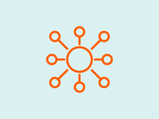An orange vector design of smaller circles connecting to 1 large circle by lines with a blue background.