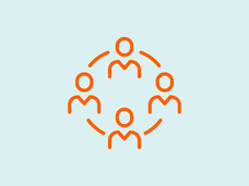 An orange vector design of four people connected by a circle with a blue background.