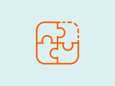 An orange vector design of 4 puzzle pieces interconnected with a blue background.