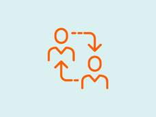 An orange vector design of two people connected by arrows with a blue background.