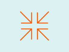 An orange vector design of 4 arrows pointing to the center with a blue background.