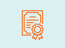An orange vector design of a certificate with an award ribbon on the bottom right corner of it with a blue background.
