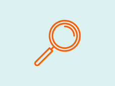 An orange vector design of a magnifying glass with a blue background.