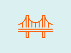 An orange vector design of a bridge with a blue background.