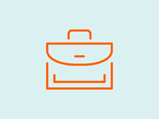 An orange vector design of a briefcase with a blue background.