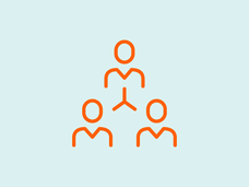 An orange vector design of 3 people with a blue background.