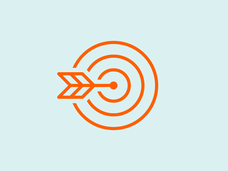 An orange vector design of an arrow on the center of a circle with a blue background.