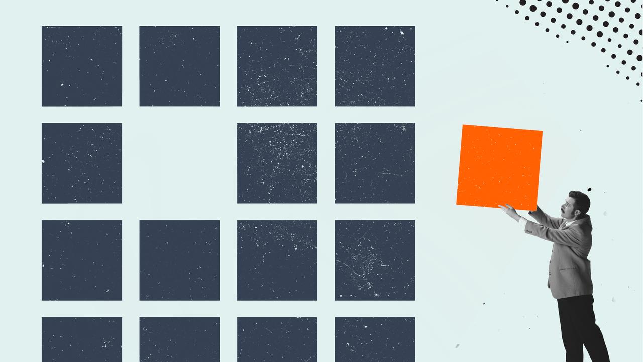 Image of a person putting an orange block in an open space of a grid made up of grey boxes.. 