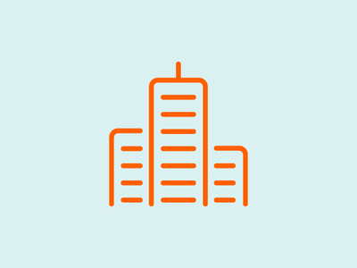 An orange vector design of 3 buildings with a blue background.